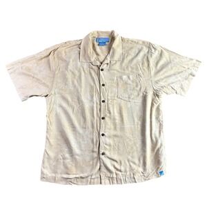 Bermuda Bay Mens XL Silk Hawaiian Shirt Tan Jacquard Floral Tropical Camp Button